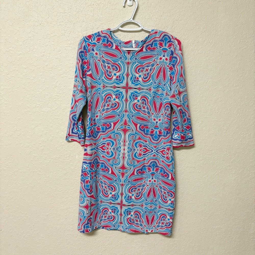 J McLaughlin Womens Sheath Dress Size M Stretch Catalina Cloth Blue Print Zip
